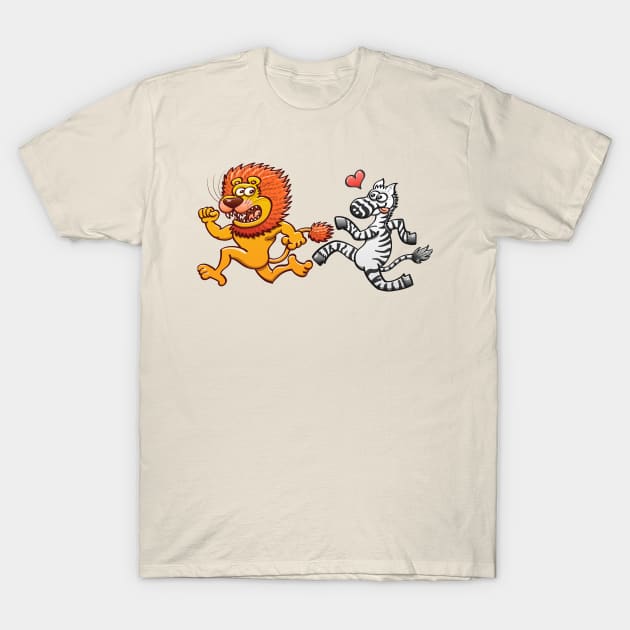 Bold zebra in love running after scared lion T-Shirt by zooco